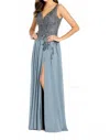 Cameron Blake V-neck Beaded Lace Evening Gown In Grey In Blue