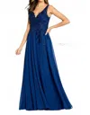 Cameron Blake V-neck Beaded Lace Evening Gown In Navy In Blue