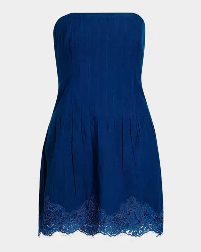 Cami Nyc Belinda Strapless Lace-trimmed Linen Minidress In Blue