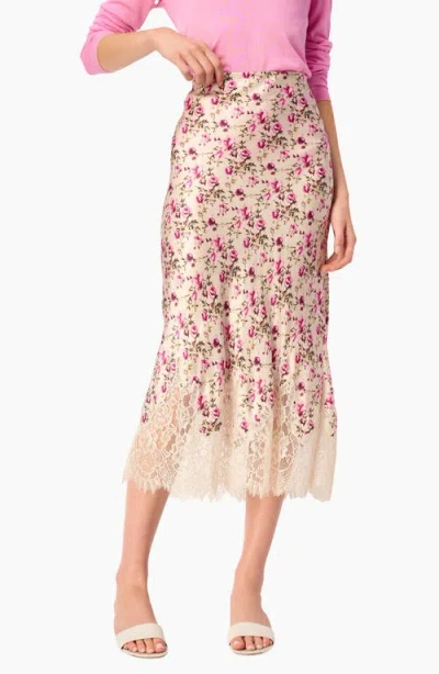 Cami Nyc Vivienne Floral Lace Panel Stretch Silk Midi Skirt In Pink
