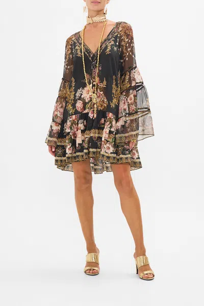 Camilla A-line Gathered Panel Dress With Lace Trims Dynasty Daze In Black