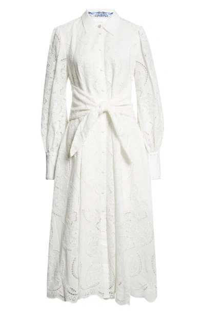 Camilla A Tiled Wonderland Eyelet Tie Waist Shirtdress In White