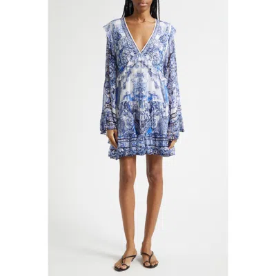 Camilla A Tiled Wonderland Print Long Sleeve Tiered Ruffle Silk Chiffon Minidress In Blue