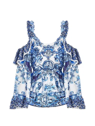 Camilla A Tiled Wonderland Ruffled Blouse In White