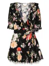 Camilla Mini Wrap Dress With Puff Sleeve Adorned In Alexandria In Black