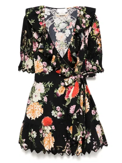 Camilla Broderie Anglaise-trimmed Floral-print Cotton-poplin Mini Wrap Dress In Black