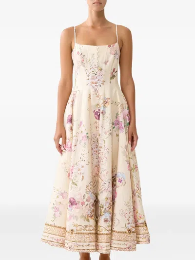 Camilla Adorned In Aranjuez Floral-print Corset Maxi Dress In Neutral