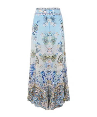Camilla Al Manial Palace Embellished Printed Silk-crepon Wide Leg Pants In Blue