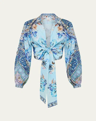 Camilla Linen Cropped Wrap Shirt In Al Manial Palace Memoirs