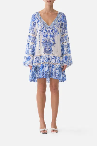 Camilla A-line Gathered Panel Dress Ceramic Panoramic In Blue