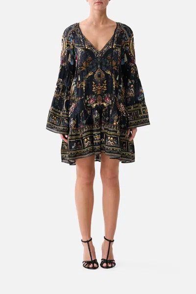 Camilla A-line Gathered Panel Dress Night Garden In Black
