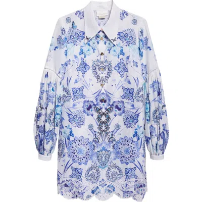 Camilla All About That Lace Long Sleeve Linen & Silk Shirtdress In Blue