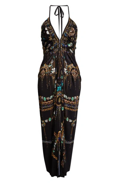 Camilla Amulets & Alchemy Print Gathered Jersey Halter Neck Dress In Black