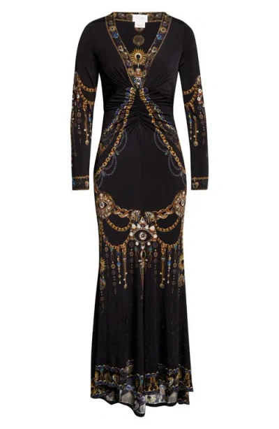 Camilla Amulets & Alchemy Print Gathered Long Sleeve Jersey Dress With Train In Black