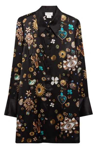 Camilla Amulets & Alchemy Print Long Sleeve Silk Satin Shirtdress In Black