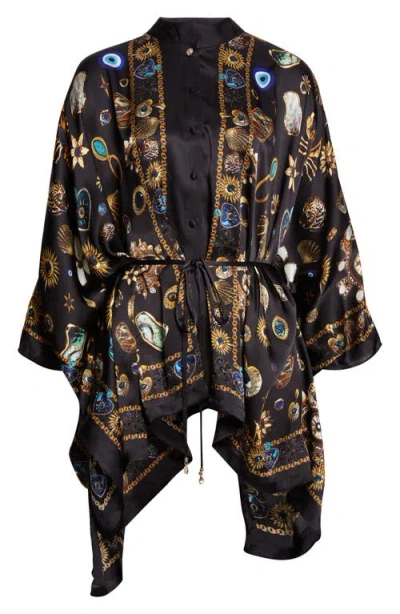 Camilla Amulets & Alchemy Print Silk Satin Shirt In Black
