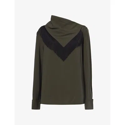 Camilla And Marc Womens Una Drape Collar Fringe Woven Shirt Dark Emerald