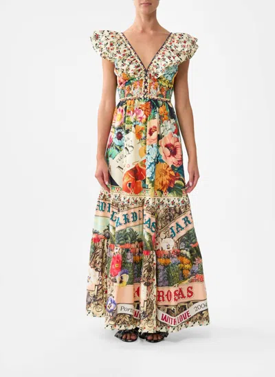 Camilla Aromatic Amor Tiered Dress With Neck Frill In Beige Multi
