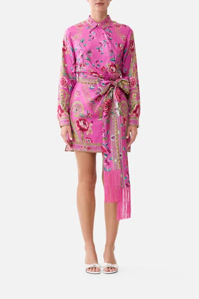 Camilla Asymmetric Shirt Dress With Tie Waist Matadora Flora In Pink