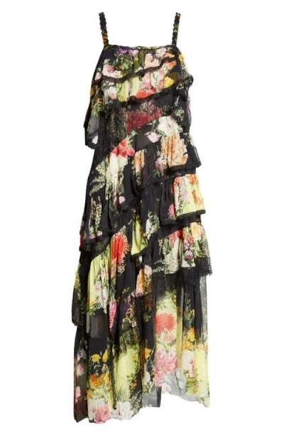 CAMILLA CAMILLA ASYMMETRIC SPLICED LACE FLORAL TIERED COTTON & SILK MAXI DRESS