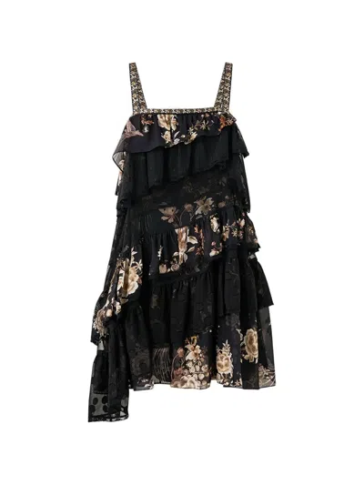 Camilla Asymmetric Spliced Lace Mini Dress In Black