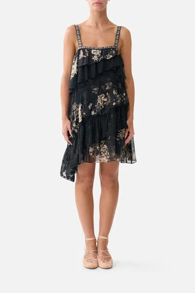 Camilla Asymmetric Spliced Lace Mini Dress Flamenco Folklore In Black