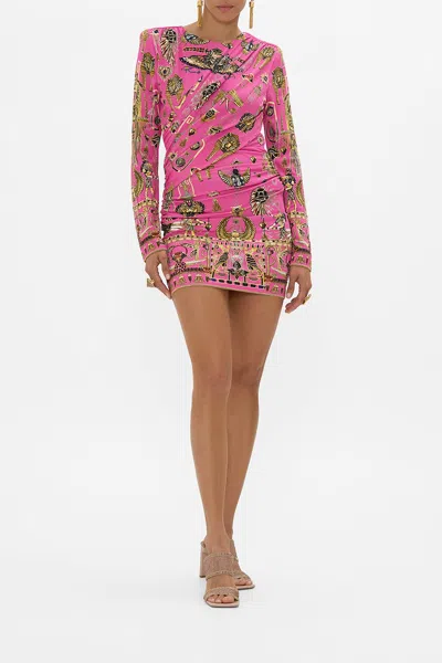Camilla Asymmetrical Draped Long Sleeve Short Dress Song Of The Scarab In Pink