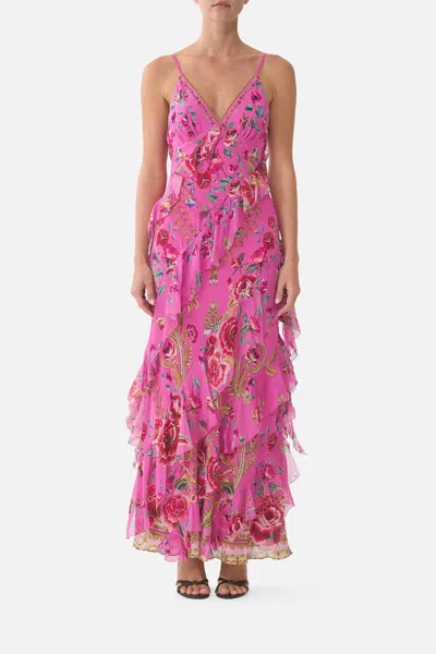 Camilla Asymmetrical Ruffle Slip Dress Matadora Flora In Pink