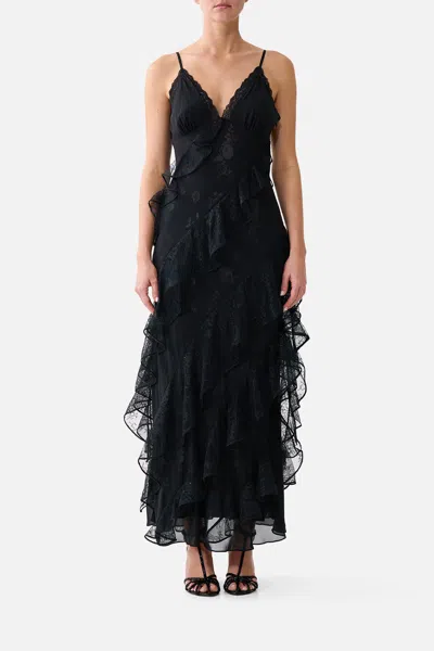 Camilla Asymmetrical Ruffle Slip Dress Night Garden In Black