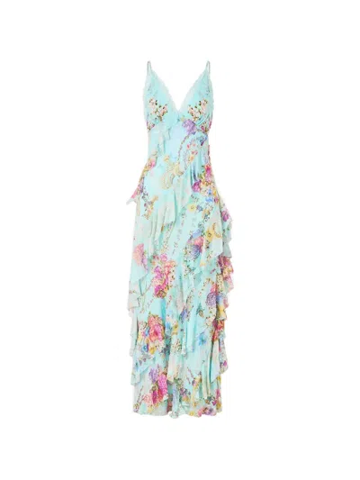 Camilla Asymmetrical Ruffle Slip Maxi Dress In Blue