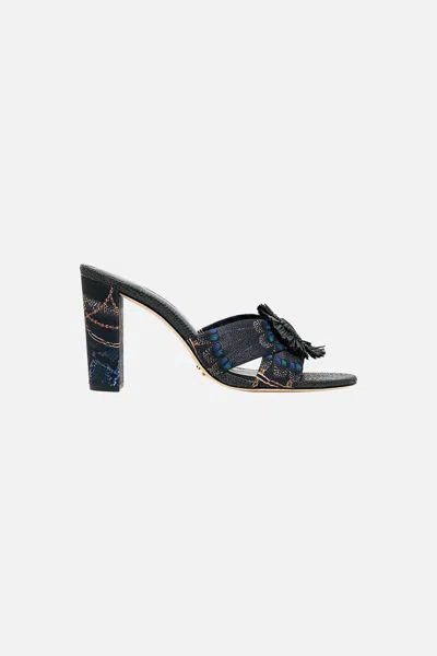 Camilla Azra Printed Raffia Mule Heel Song Of The Solstice In Black