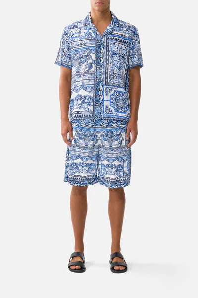 Camilla Baggy Long Walk Short With Elastic Waist A Tiled Wonderland In Blue