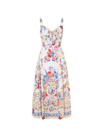 Camilla Ballerina Tie-detailed Cutout Ruched Floral-print Cotton-blend Midi Dress In Multi