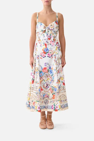 Camilla Ballerina Tie-detailed Cutout Ruched Floral-print Cotton-blend Midi Dress In Multi