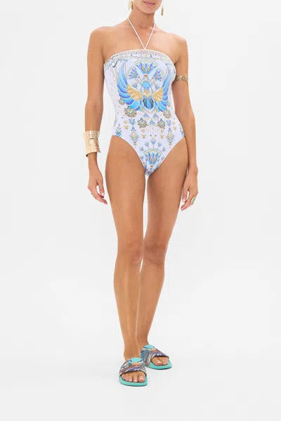 Camilla Bandeau One Piece With Halter Tie Under Scarab Skies In Blue