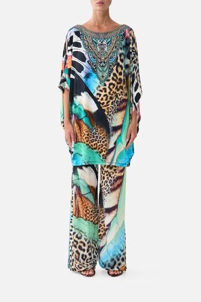 Camilla Bat Sleeve Kaftan With Cold Shoulder Butterfly Bohemia In Blue-green