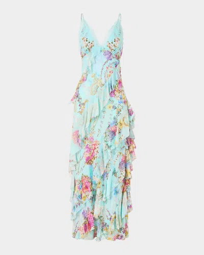 Camilla Bazaar Blooms Asymmetrical Ruffle Slip Dress In Blue