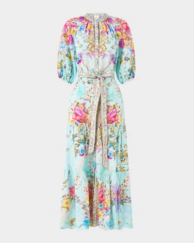 Camilla Puff Sleeve Midi Shirt Dress With Tie Bazaar Blooms In Blue