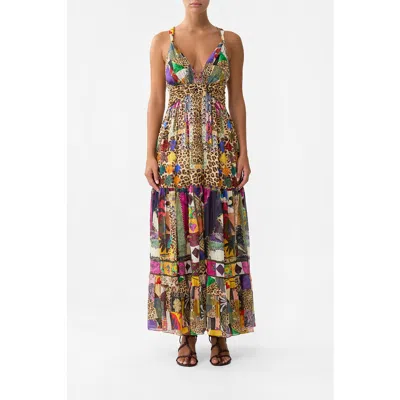 Camilla Bead Strap Gathered Panel Dress Embroidered Ever After In Brown