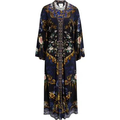 Camilla Beaded Print Long Sleeve Ruched Silk Midi Dress In Blue