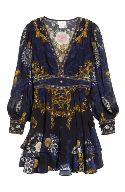 Camilla Beaded Print Long Sleeve Silk Dress In Blue