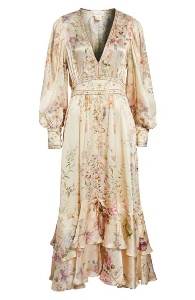 Camilla Beaded Print Long Sleeve Silk Dress In Neutral