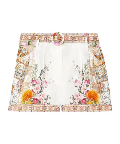 Camilla Belted Crystal-embellished Floral-print Linen Shorts In White