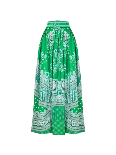 Camilla Belted Floral Maxi Skirt In Green