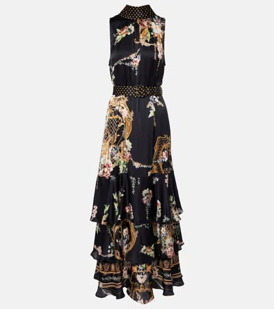 Camilla Belted Floral Tiered Silk Maxi Dress In Multi