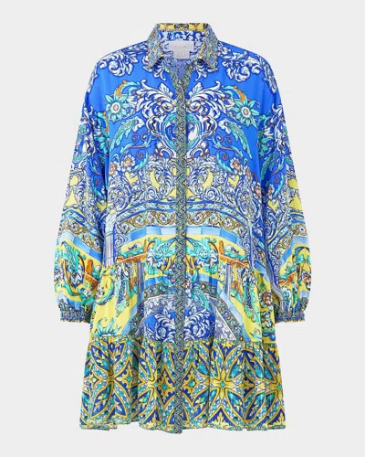 Camilla Long Sleeve Tiered Short Dress Beneath The Andalusian Sun In Blue