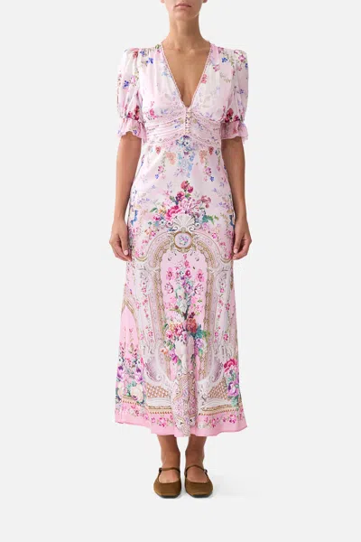 Camilla Bias Cut Midi Dress With Lace Insert Palatial Pastels In Pink