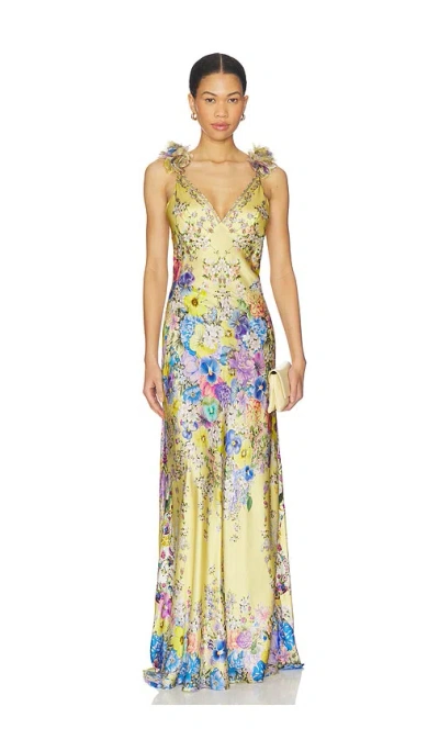 Camilla Embellished Floral Ruffled Silk Satin Maxi Dress In Yellow