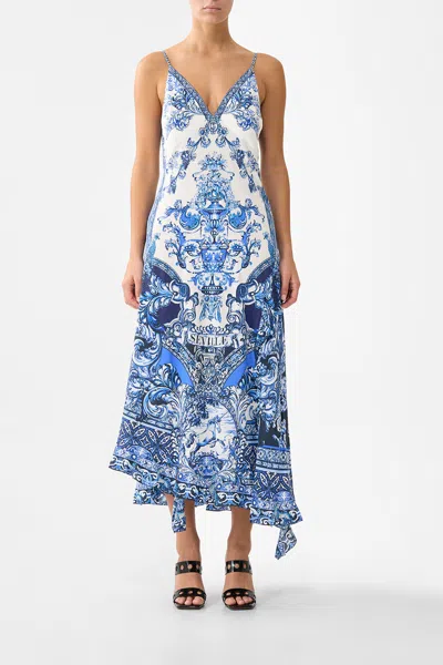 Camilla Bias Slip Dress With Frill Hem A Tiled Wonderland In Blue