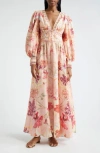 Camilla Floral Linen Shaped Waistband Maxi Dress In Blossoms And Brushstrokes